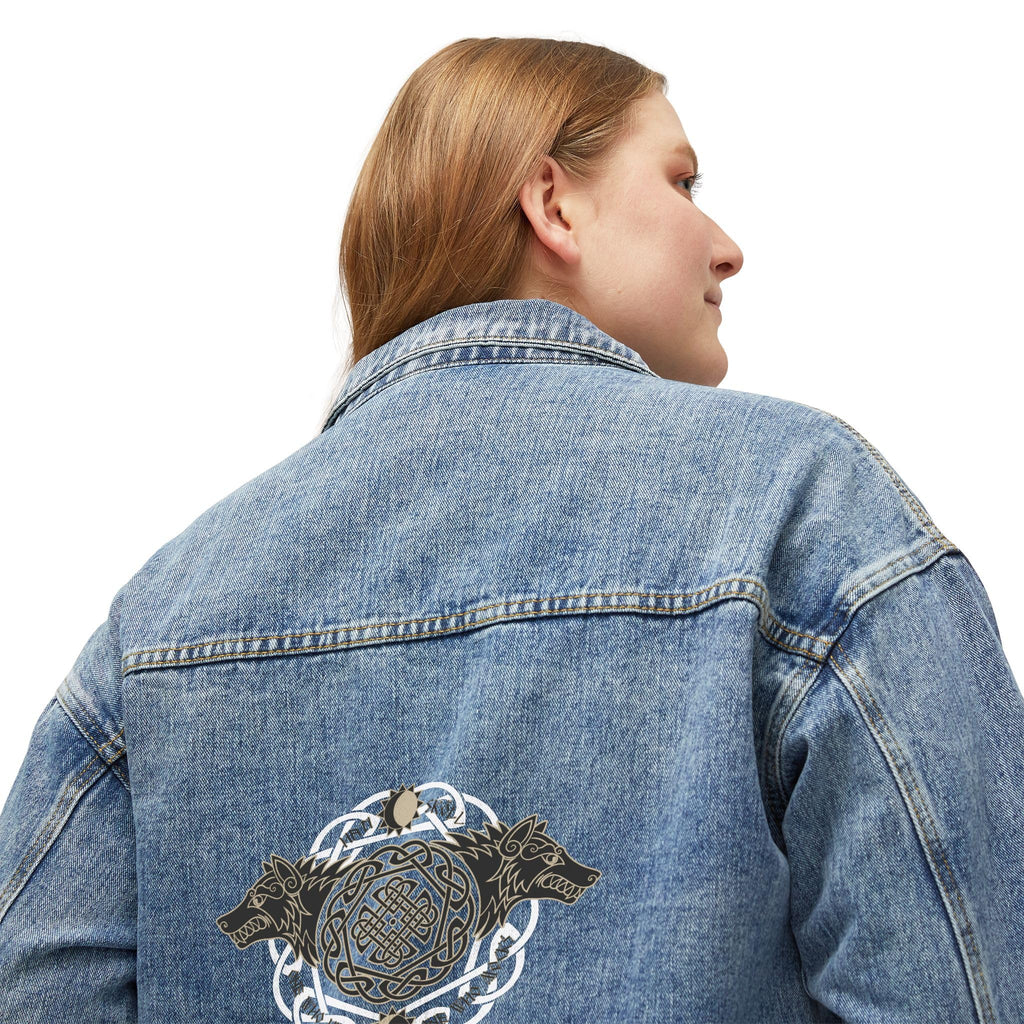Denim Jacket, Pagan Wolves Design, Women's Outerwear Apparel, Witchy Style Clothing, Boho Denim Coat, Moon Phase Jacket