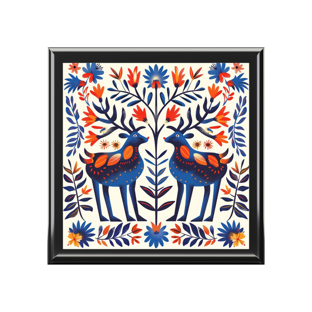 Jewelry Box, Folk Art Deer Design, Wood Organizer, Gift for Her