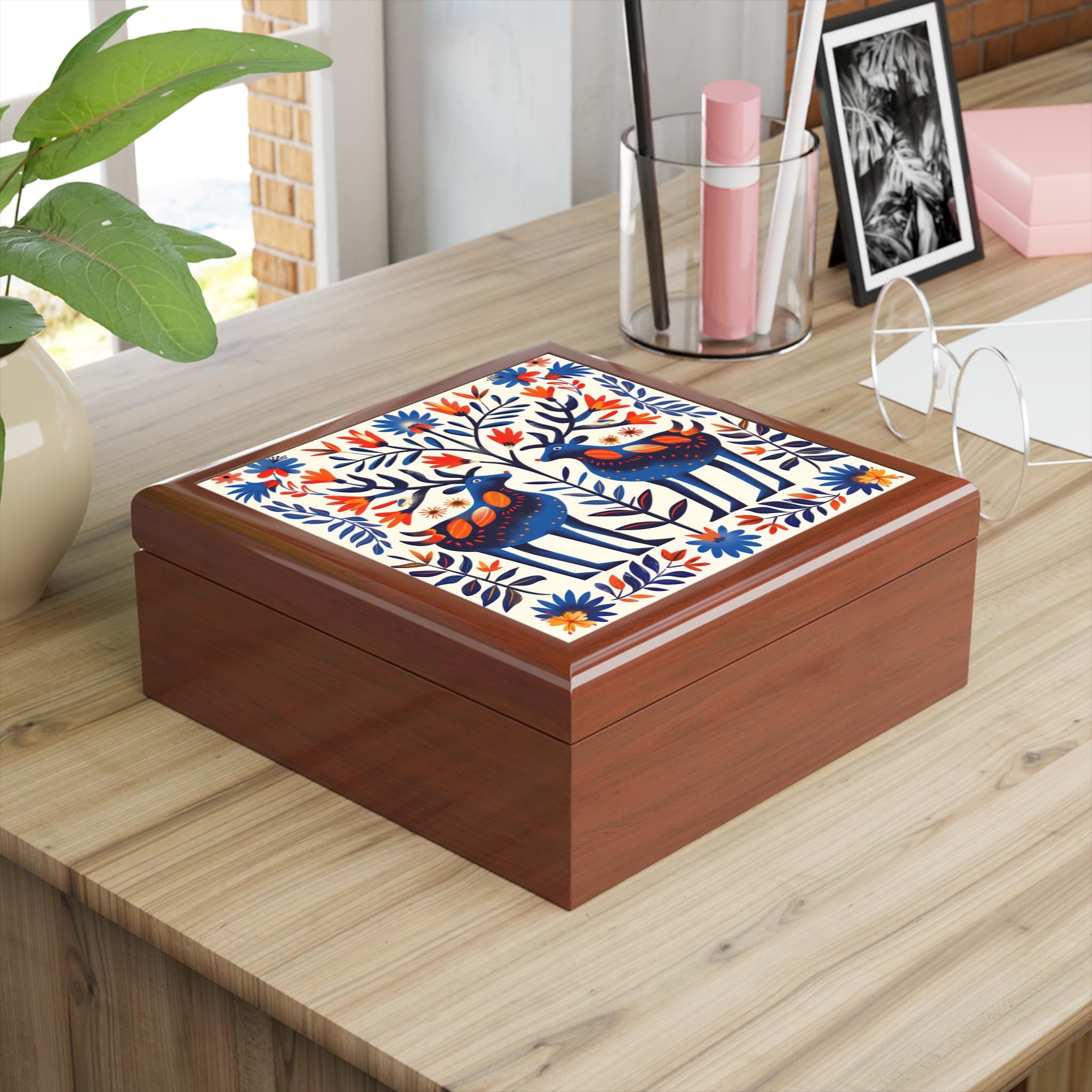 Jewelry Box, Folk Art Deer Design, Wood Organizer, Gift for Her