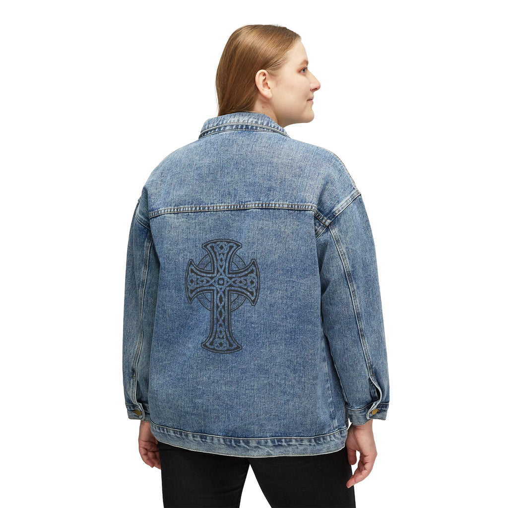 Denim Jacket, Celtic Cross design, Women's Outerwear, Irish Style Coat, Religious Symbol Print, Casual Fashion, Unique Gift