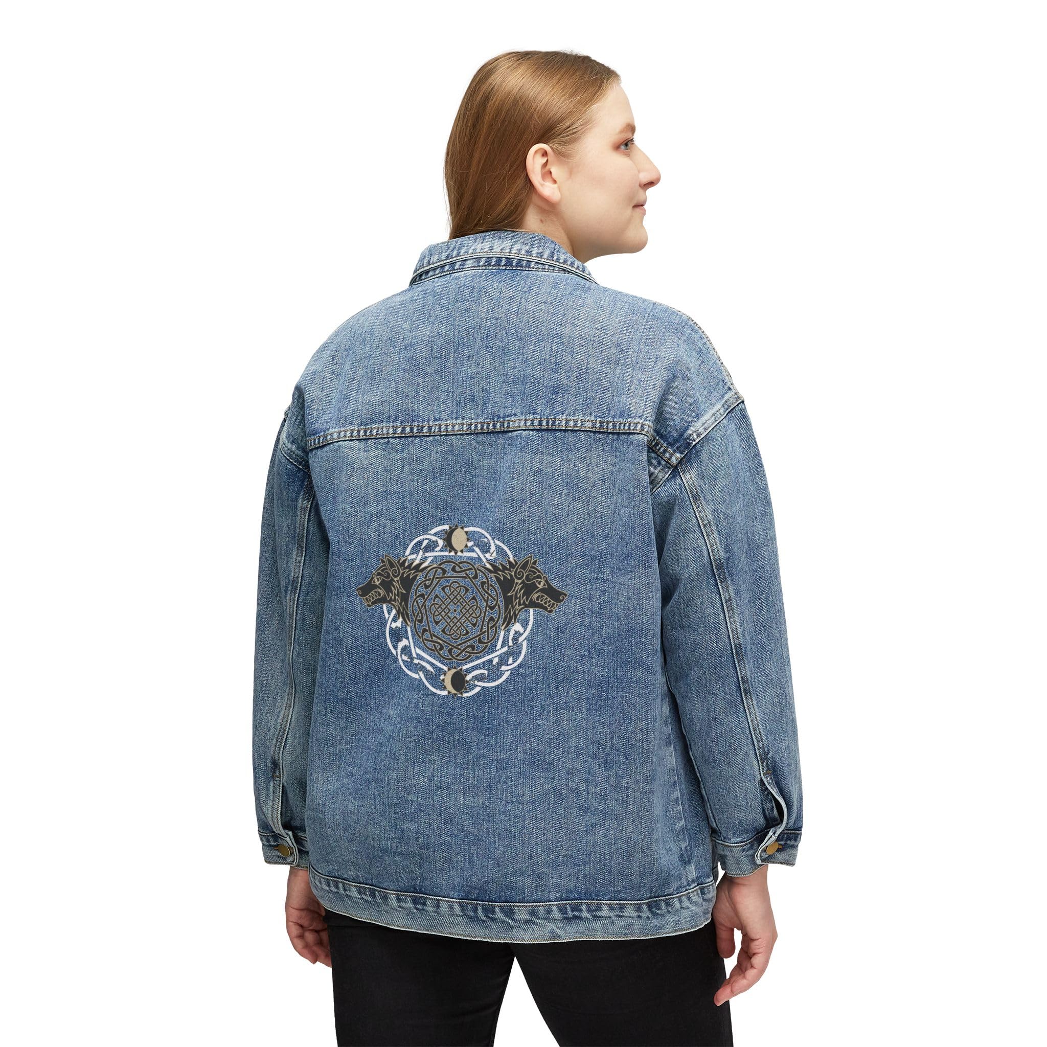 Denim Jacket, Pagan Wolves Design, Women's Outerwear Apparel, Witchy Style Clothing, Boho Denim Coat, Moon Phase Jacket