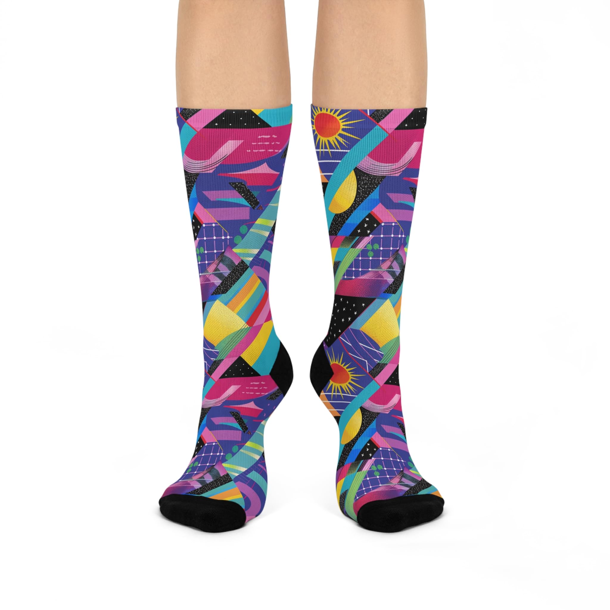 Cushioned Crew Socks, 90s Retro Vibe Design, Vintage Athletic Socks, Colorful Patterned Socks