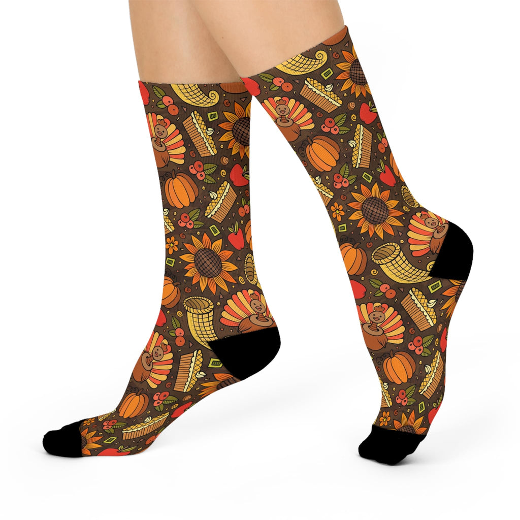 Thanksgiving Cushioned Crew Socks, Festive Autumn Socks for Thanksgiving, Cute Holiday Socks