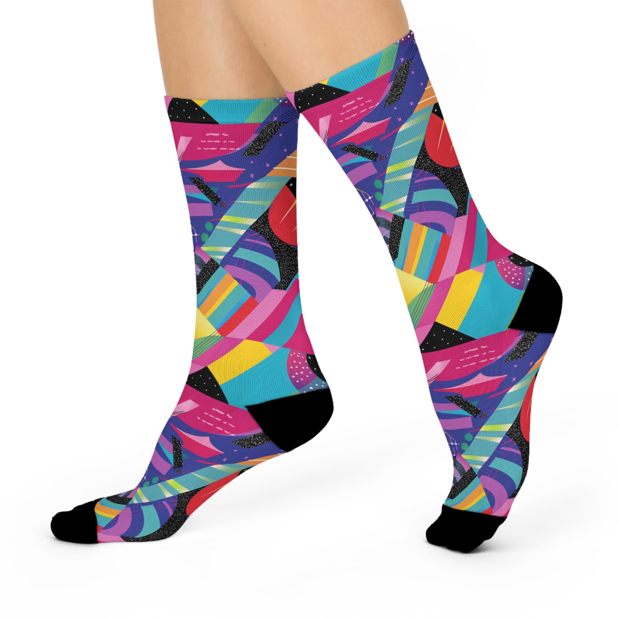 Cushioned Crew Socks, 90s Retro Vibe Design, Vintage Athletic Socks, Colorful Patterned Socks