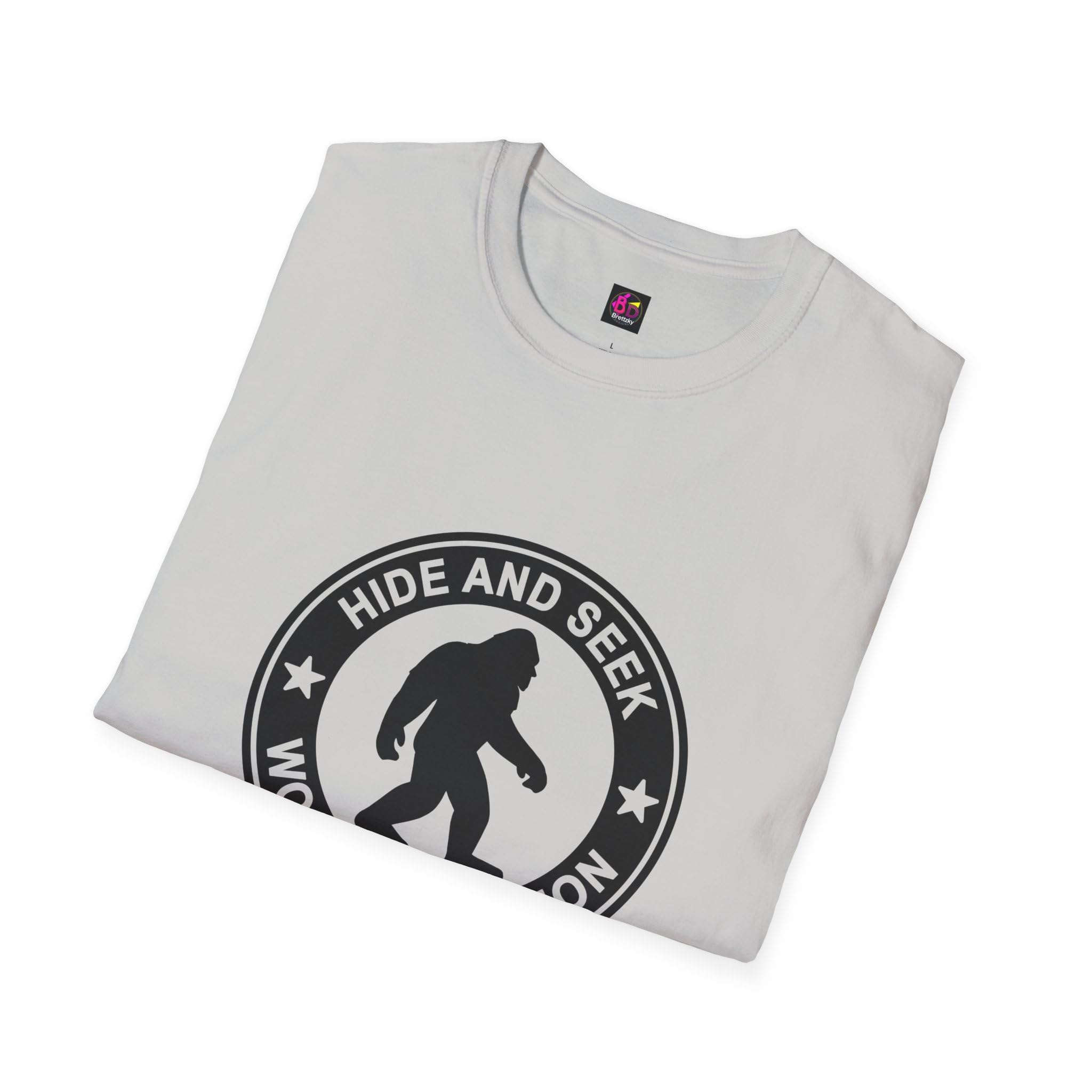 Bigfoot Hide and Seek World Champion T-Shirt, Sasquatch Tee, Funny Unisex Shirt, Yeti Top, Mythical Creature Apparel Ice Grey