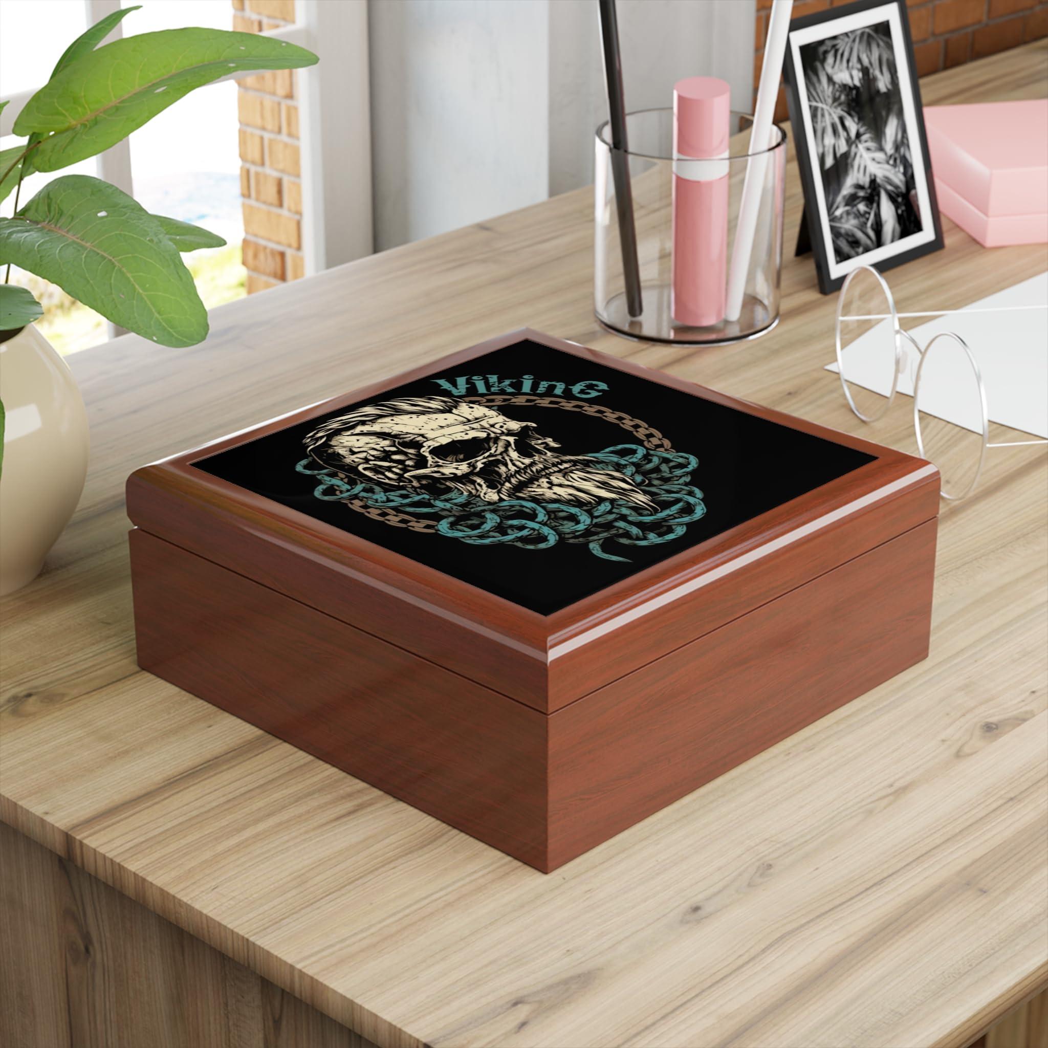 Jewelry Box with Viking Warrior Design, Norse Mythology Fan, Decorative Item, Wooden Keepsake Box