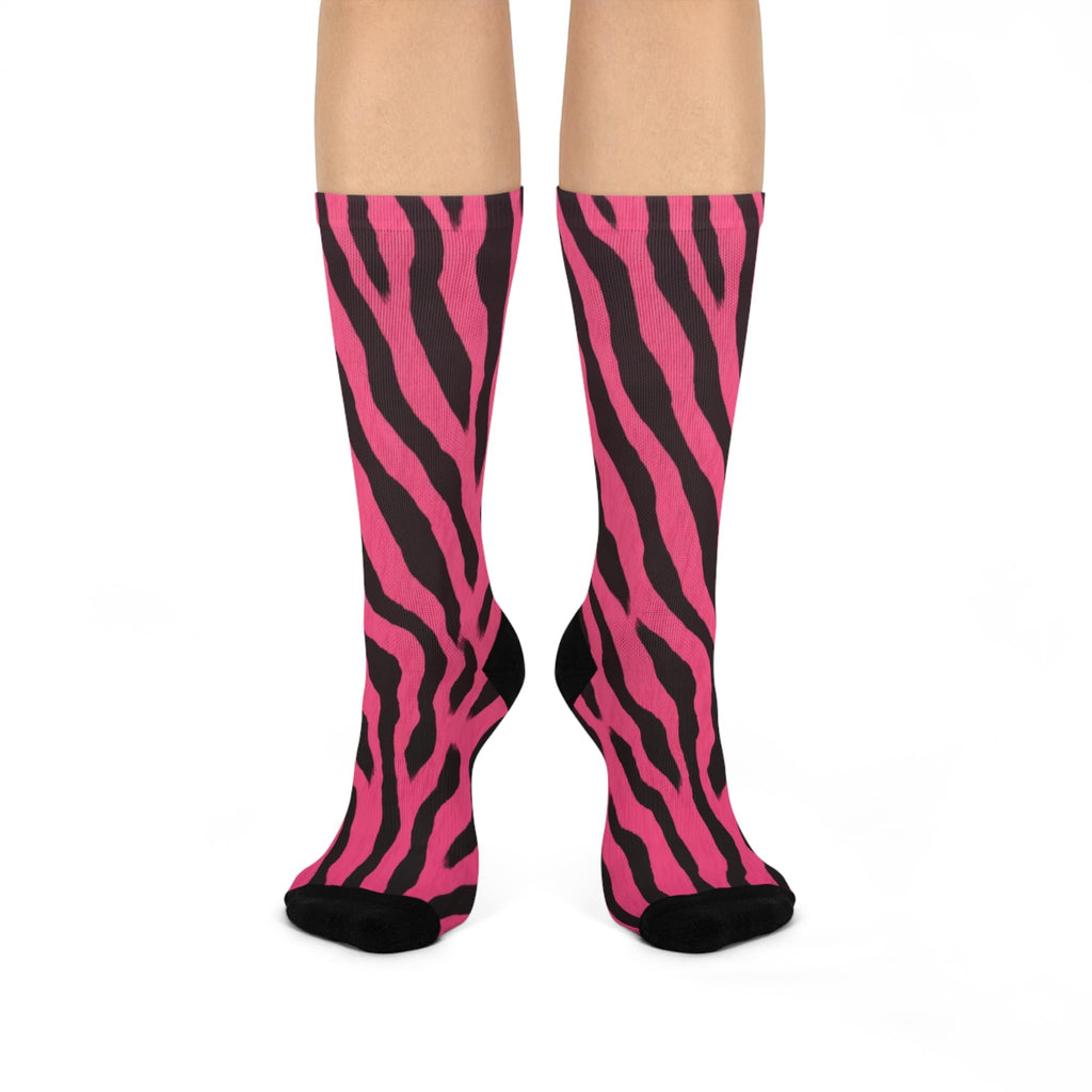 Zebra Print Cushioned Crew Socks, Animal Patterned Dress Socks, Fashionable Footwear, Gift for Her, Cozy Winter Accessories