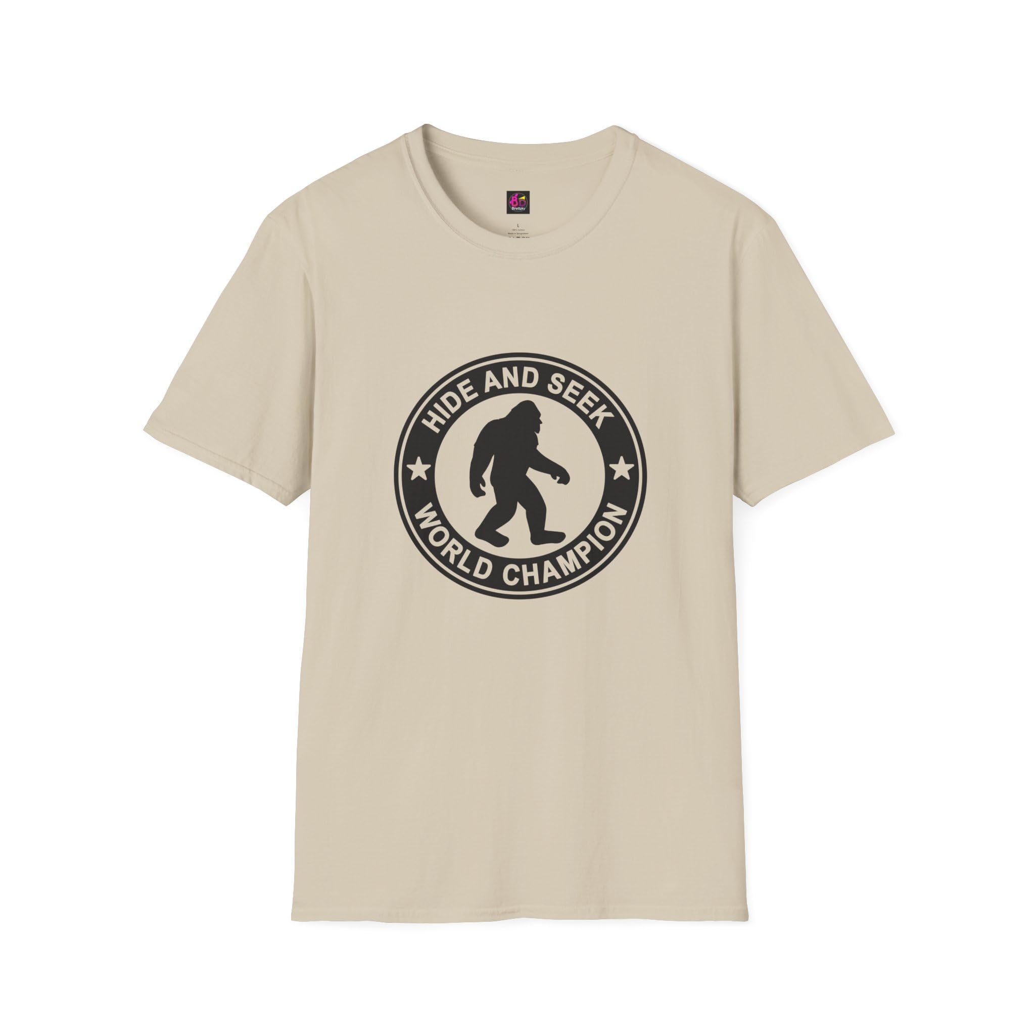 Bigfoot Hide and Seek World Champion T-Shirt, Sasquatch Tee, Funny Unisex Shirt, Yeti Top, Mythical Creature Apparel Sand